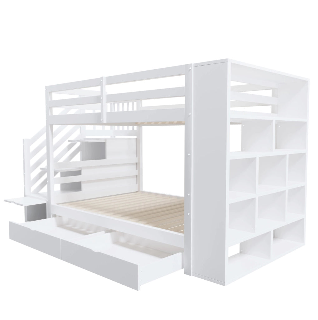 Letto a castello 90x200 cm con scala contenitore; cassetti e armadio laterale; in legno bianco