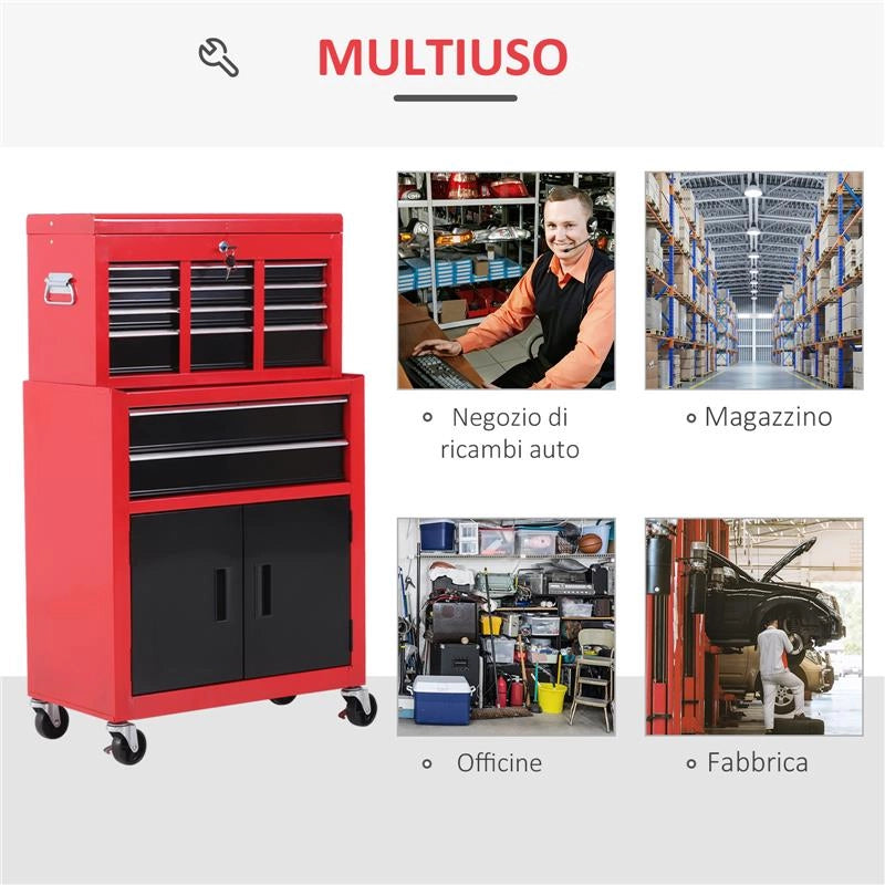 CARRELLO PORTA ATTREZZI 2 IN 1 CON CASSETTA SUPERIORE E ARMADIETTO INFERIORE, IN METALLO, 61.6X33X108 CM, ROSSO