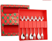 Set di cucchiai e forchette in acciaio inossidabile da 6 pezzi, cucchiaio da caffè con renditore e cucchiaio per dessert in argento (set natalizio)
