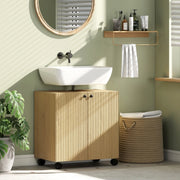 Mobile sottolavabo bagno in legno naturale con ruote, anta soft-close e ripiano regolabile