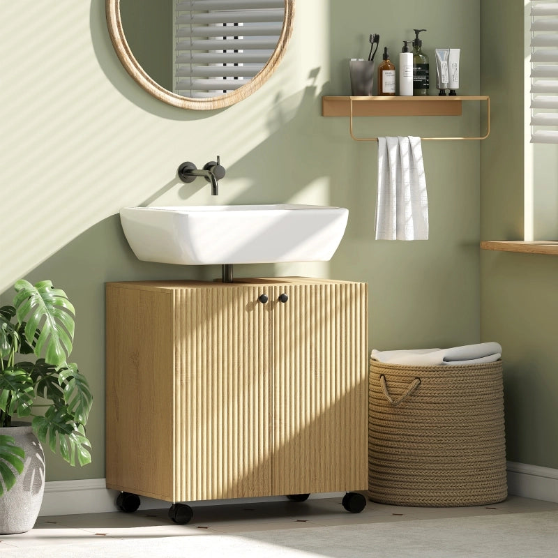 Mobile sottolavabo bagno in legno naturale con ruote, anta soft-close e ripiano regolabile