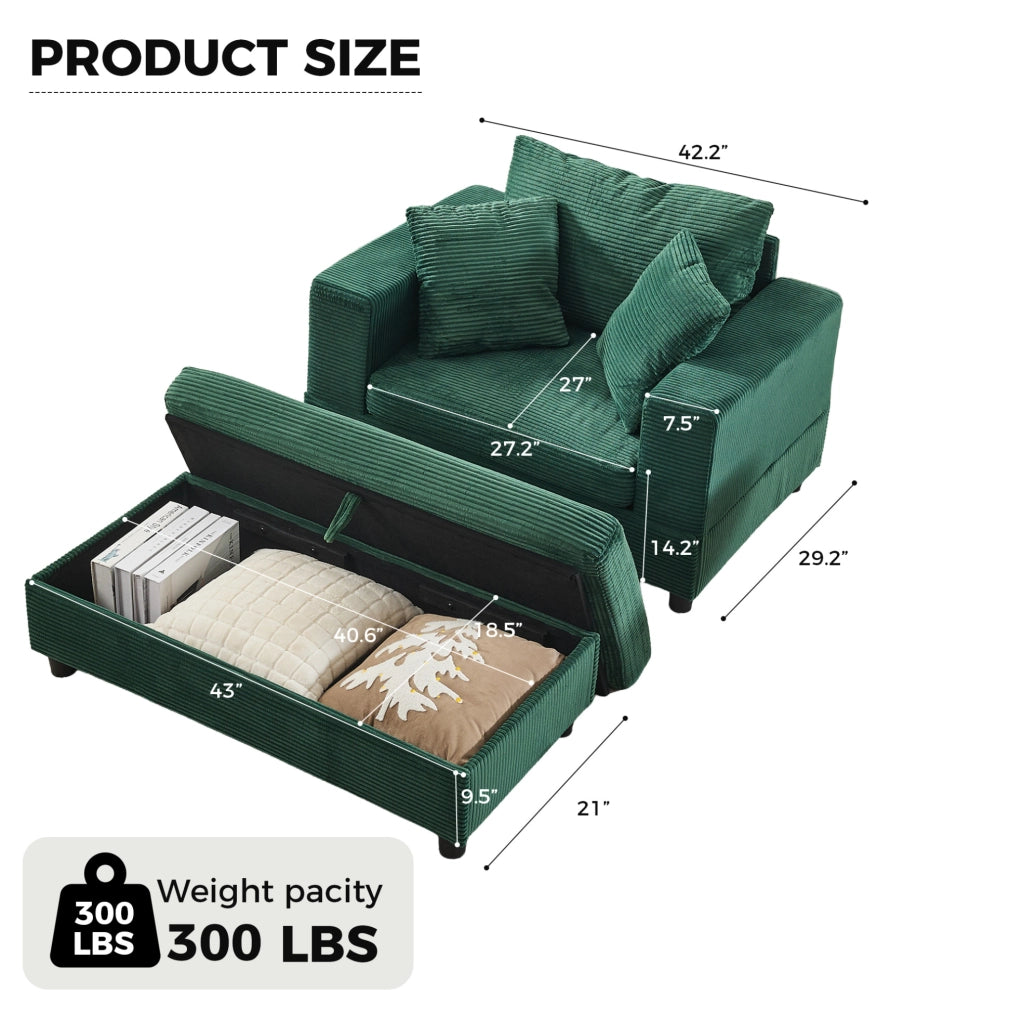 Chaise longue con poggiapiedi e contenitore, divano lounge con 3 cuscini, verde smeraldo