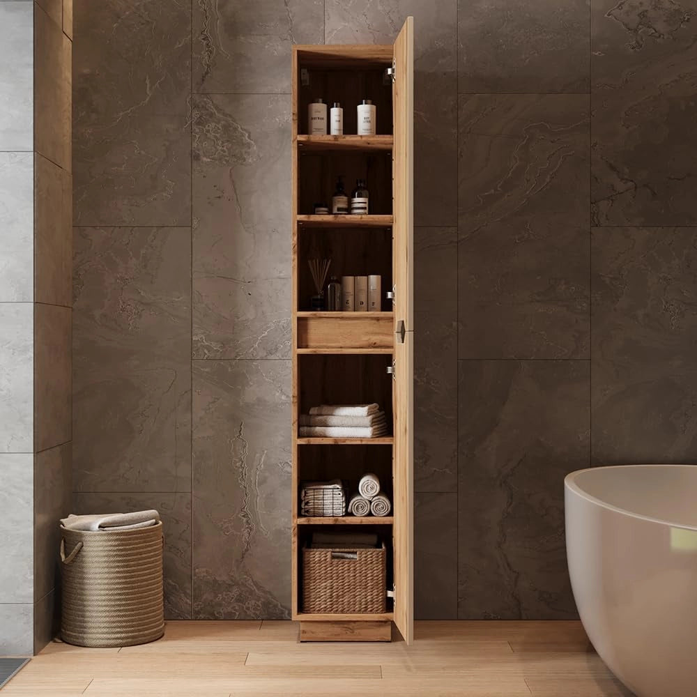 Armadio per il bagno Lotta, Cachemire, 33 x 186 cm con 2 porte, per la conservazione di accessori da bagno e prodotti per la cura