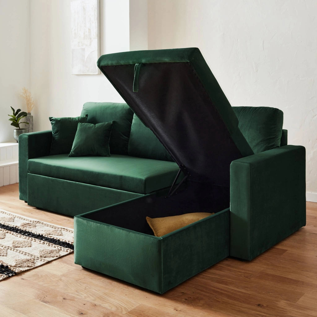 Divano letto angolare reversibile in velluto, 3 posti, verde inglese