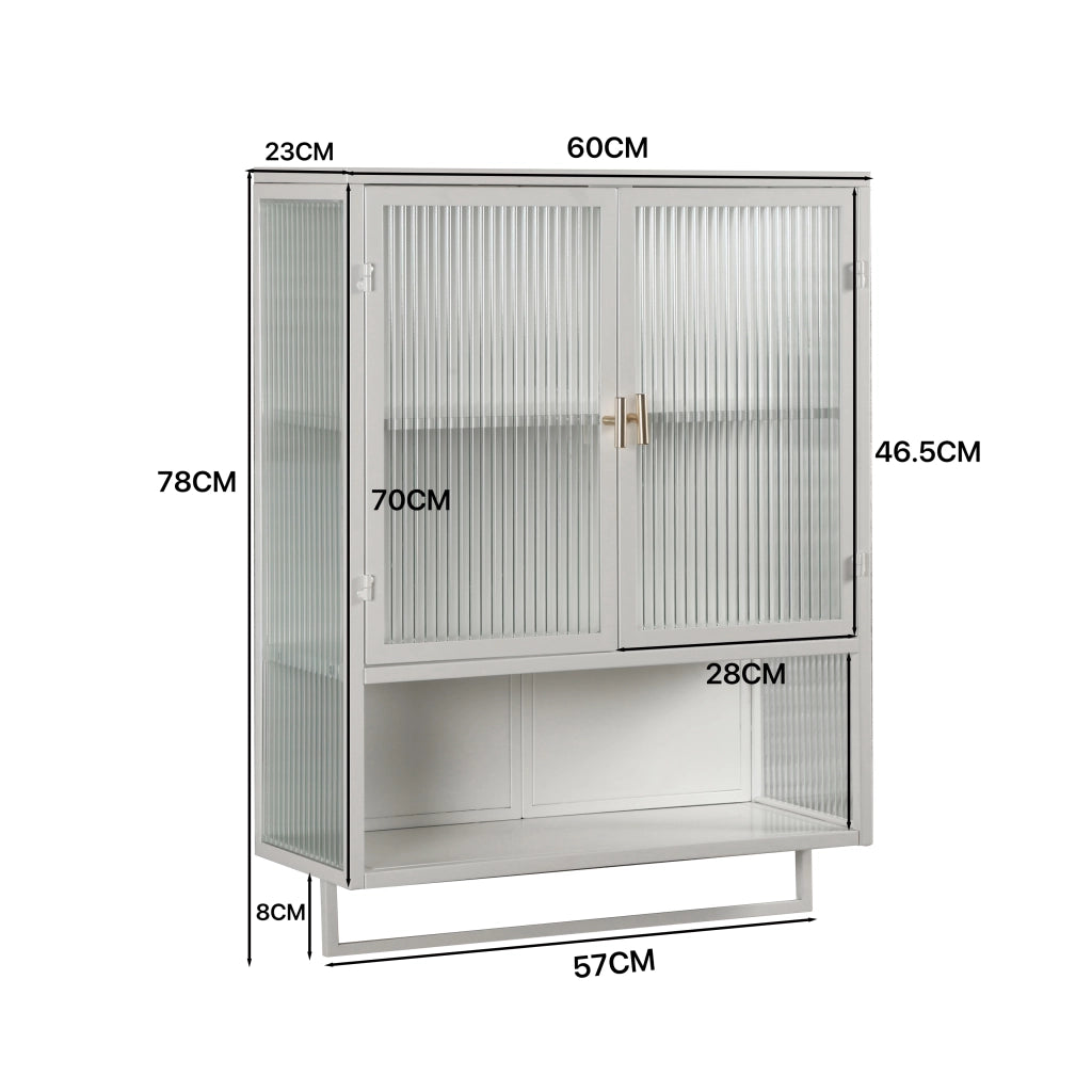 Armadietto pensile con 2 Ante; 1 Ripiano aperto e Portasalviette per Bagno in Metallo e Vetro; 60×23×78 cm; Bianco