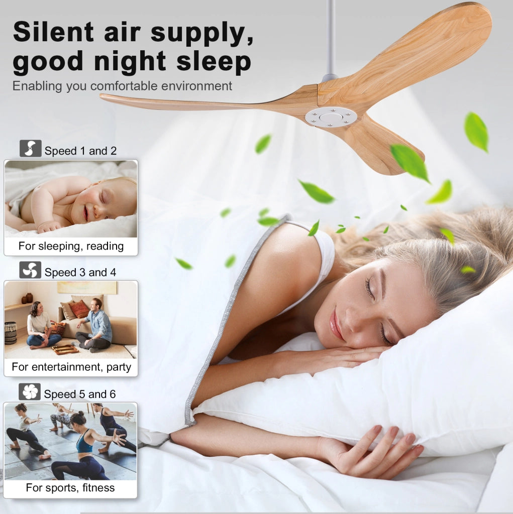 Ventilatore da soffitto a pale in legno con telecomando; motore DC reversibile; bianco e naturale