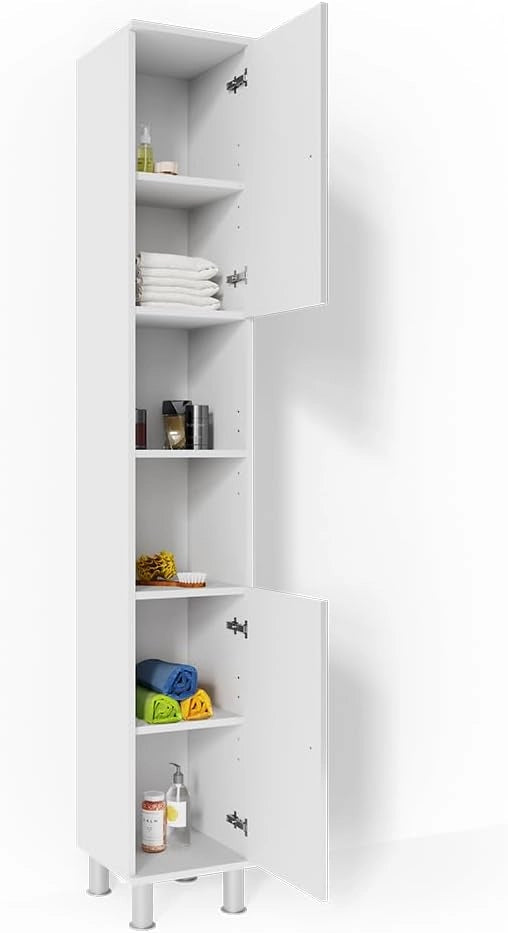 Mobile bagno alto Fynn, Bianco lucido, 30 x 190 cm, per la conservazione di articoli da bagno e asciugamani