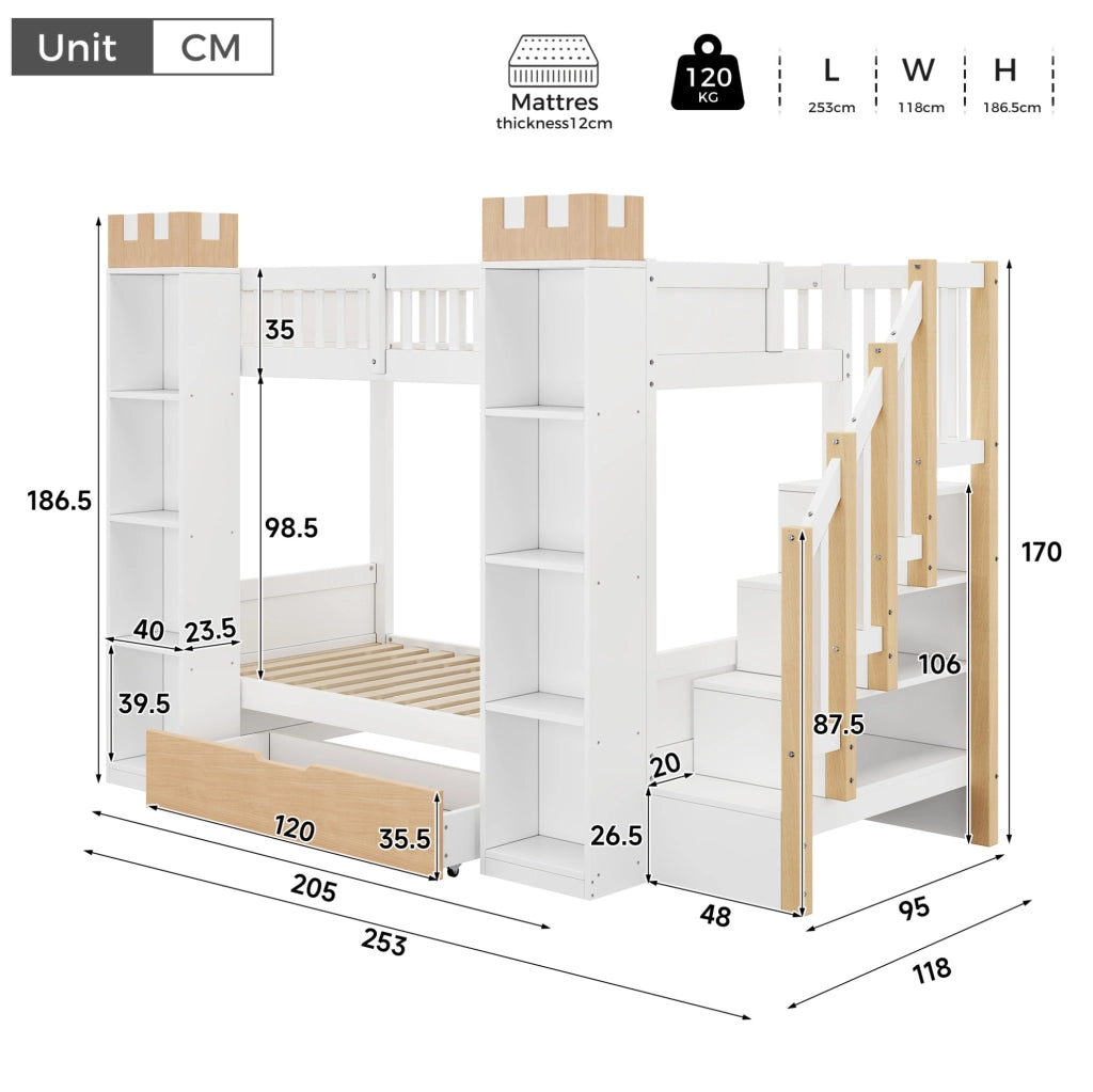 Letto a castello per bambini 90x200 cm con scala contenitore; cassetti e ripiani; bianco