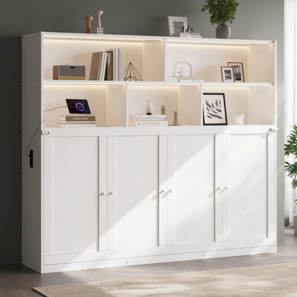 Letto trasformabile singolo 90x200 cm con vano contenitore, LED, prese USB/Type-C, bianco