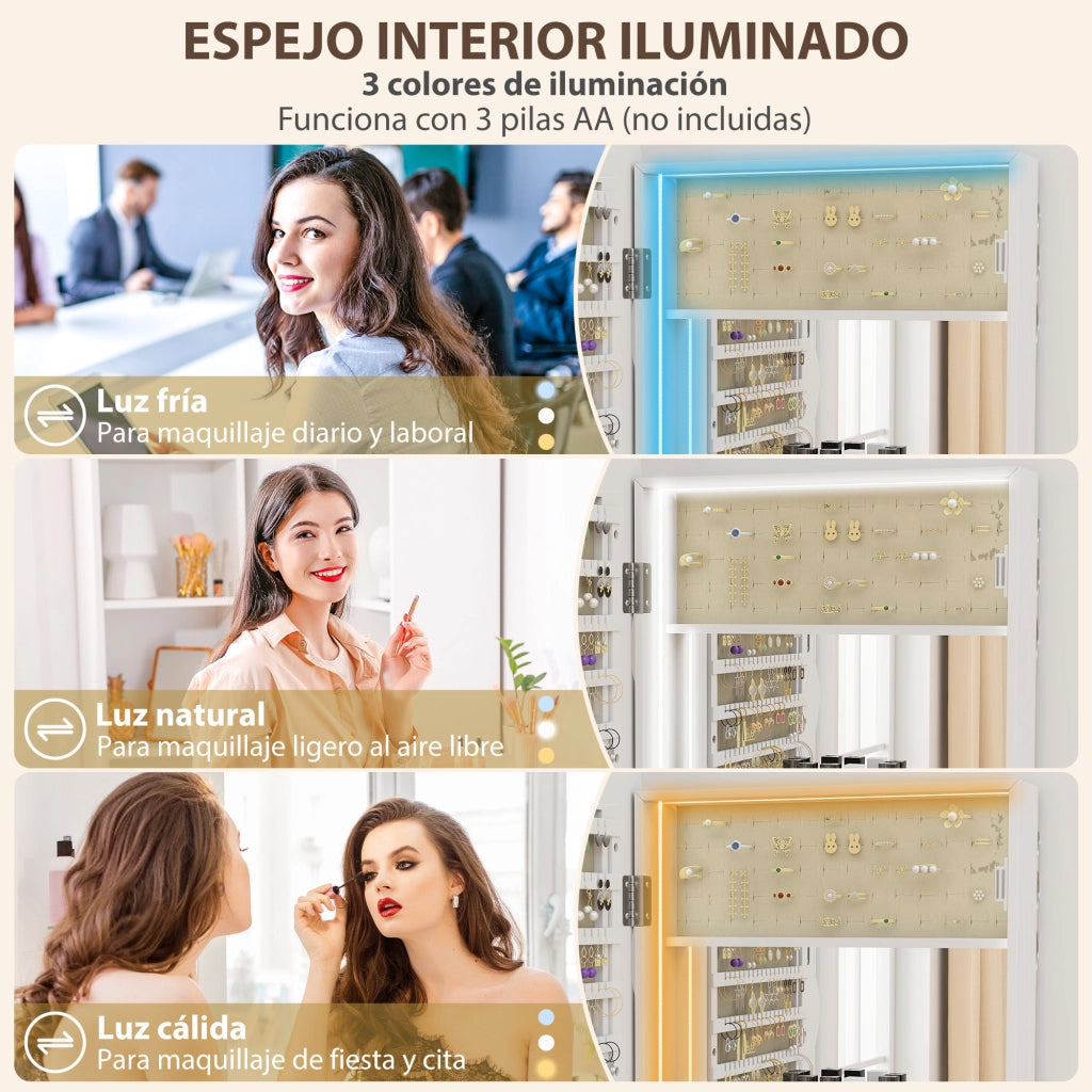 Specchio Portagioie con Luce LED da Parete o Porta ¨C Xylo ¨C Bianco con Serratura