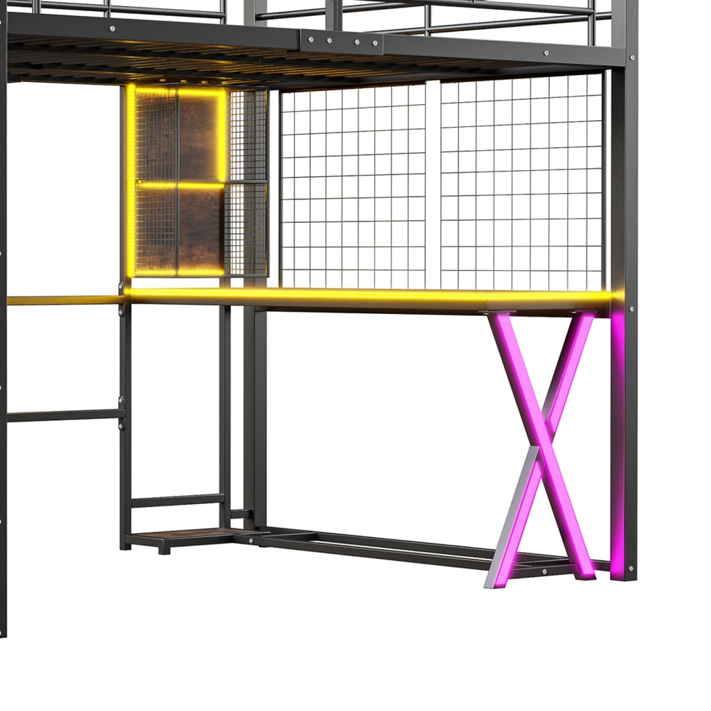 Letto a Soppalco Letto Matrimoniale con LED; Scrivania; Armadio; Scala Contenitore e Scaffali; 140 x 200 cm; senza Materasso