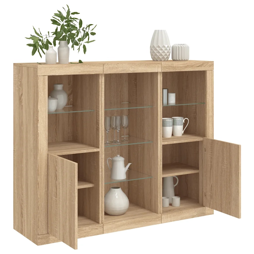Credenze con Luci LED 3 pz | Madia | Buffet da pranzo | Armadio da pranzo Rovere Sonoma in Legno Multistrato