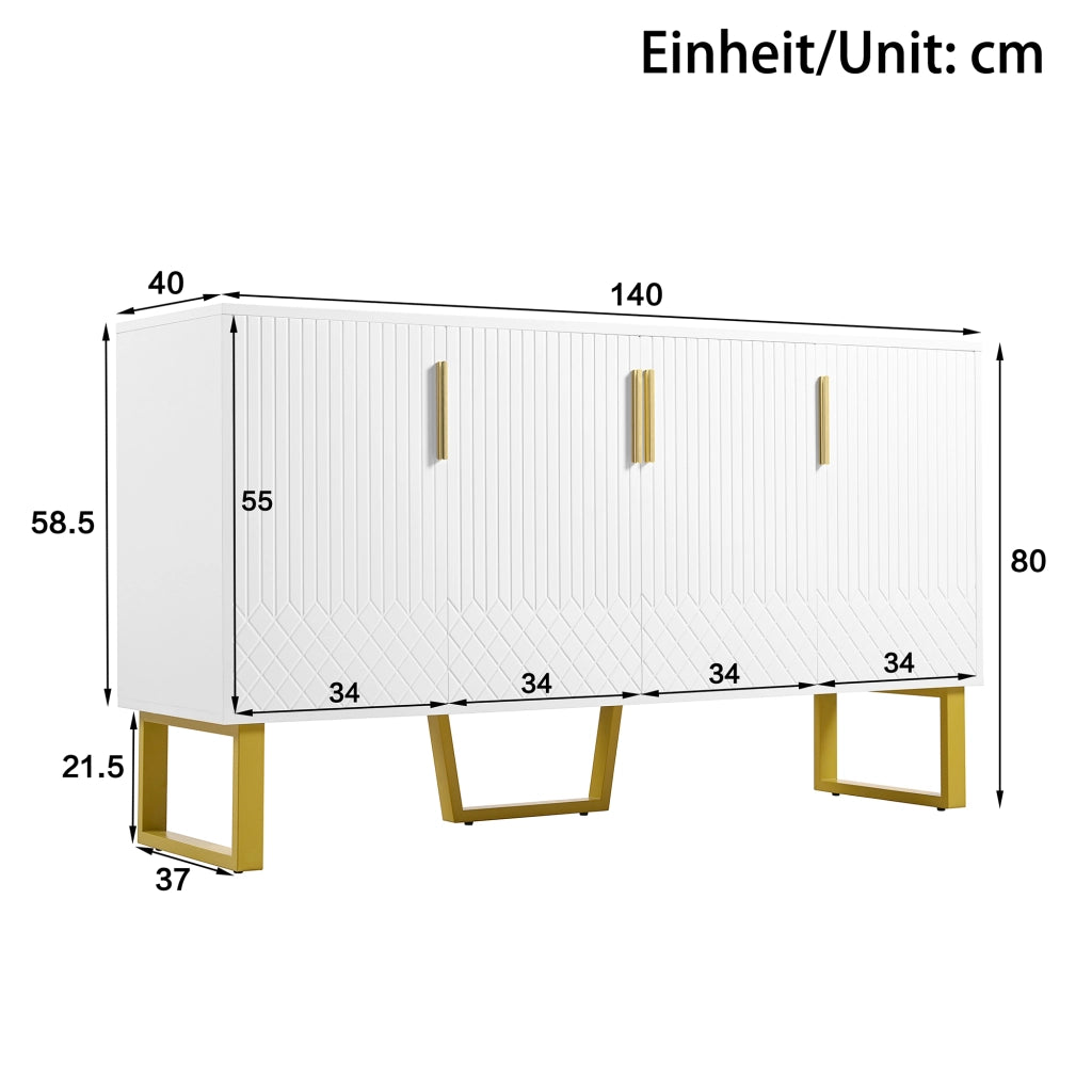Credenza con 4 Ante; Motivo Geometrico 3D e Piedi in Metallo; Bianco Lucido; in MDF; 140??40??80 cm