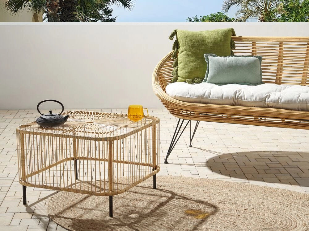 Tavolino in rattan nero naturale fatto a mano resistente ai raggi UV 67 x 67 cm stile boho interno ed esterno