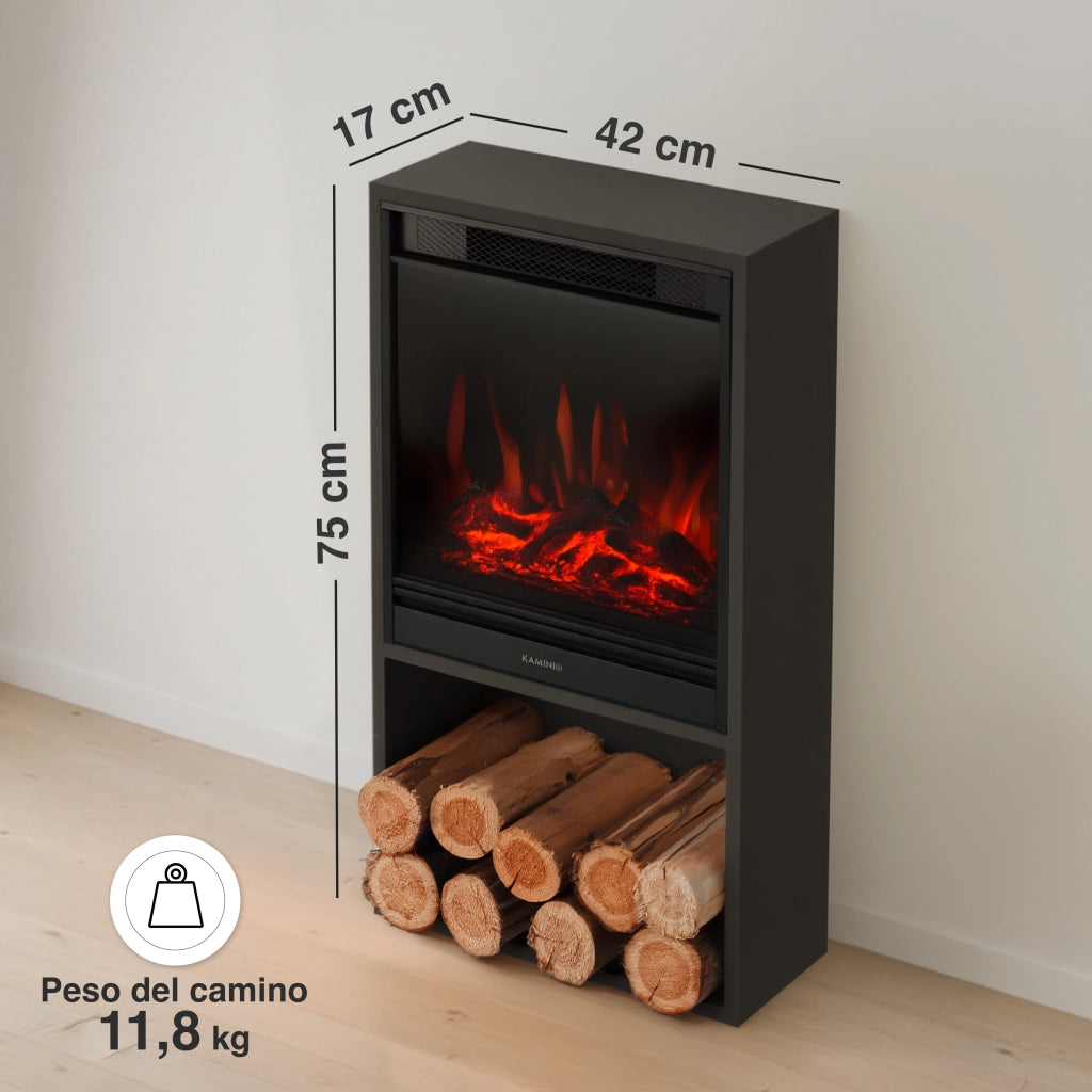 KAMINIO Camino elettrico HUGO - Stufa elettrica con riscaldamento, effetto fiamma 3D, luce ambiente a LED, scomparto de legno, telecomando - Nero