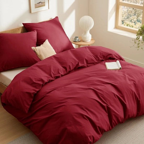 Set di lenzuola 200 x 200 cm, cotone, rosso vino, set di lenzuola 200 x 200 cm, coperta, 3 pezzi con 2 cuscini 80 x 80 cm, lenzuola Oeko-Tex, rosso con chiusura a righelli