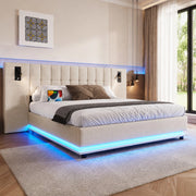 Letto imbottito 180x200 cm con LED; testiera con spot e USB; in lino beige