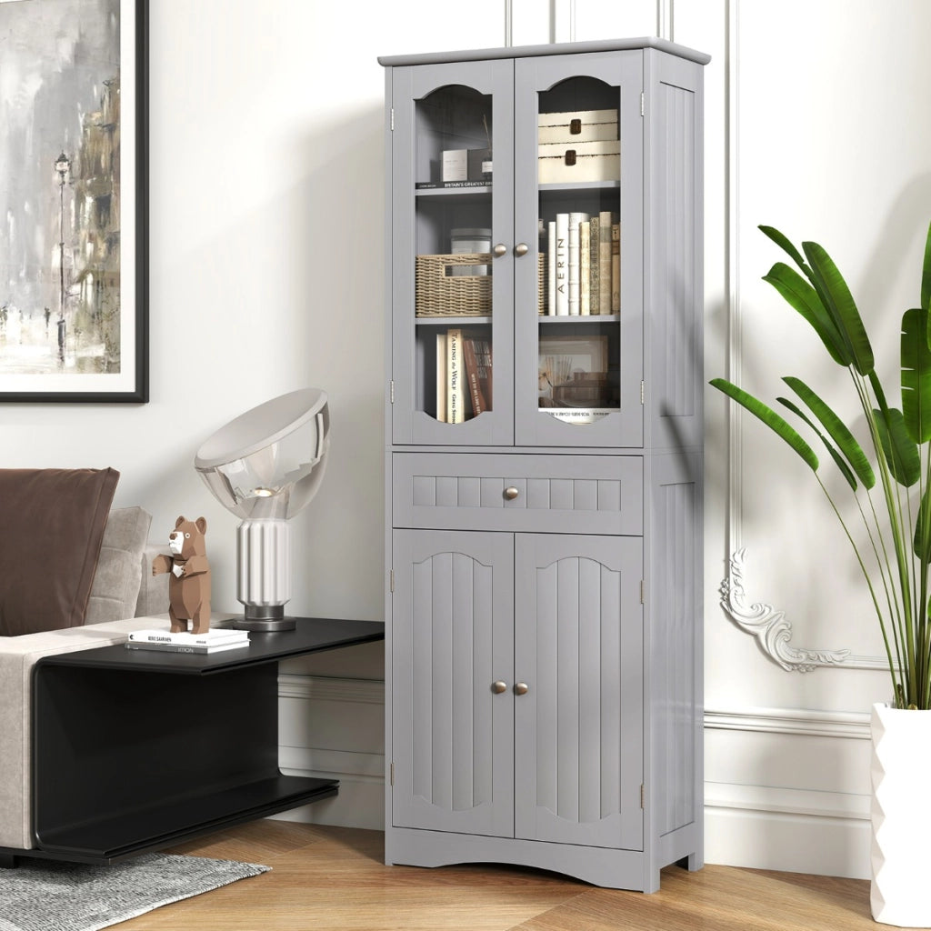 Armadio da bagno alto-Mobiletto da bagno 160cm con 2 porte in vetro 2 ripiani regolabili e 1 cassetto, Mobile autonomo per cucina Grigio
