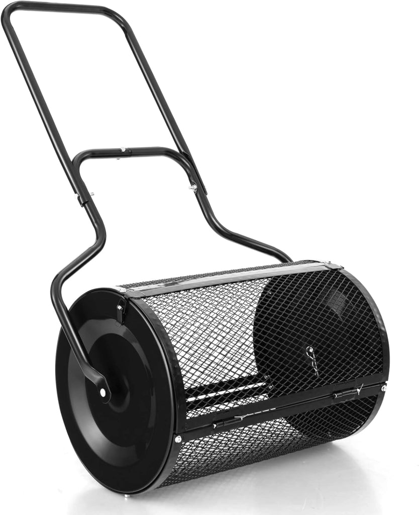 Spandiconcime a Rullo, Rullo da Giardino con Impugnatura Pratica Chiusure Laterali e Rete in Metallo per Concimazione e Semina, Spandiconcime per Prato e Giardino (41 x 60 cm Nero)