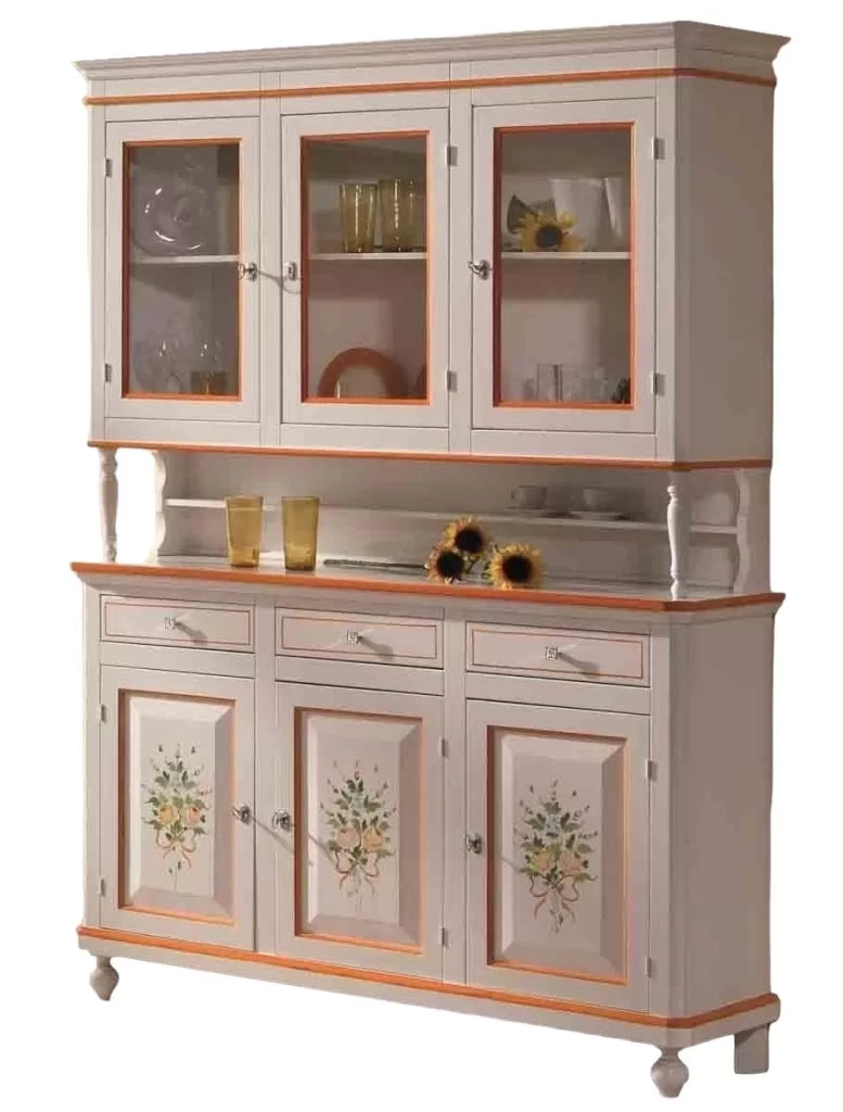 Cristalliera napoletana in legno 3 ante bianco/decori 150x43x208 - Mobili 2G