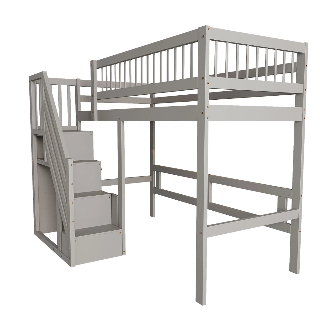Letto singolo in legno massello grigio con scala contenitiva 90x200 cm