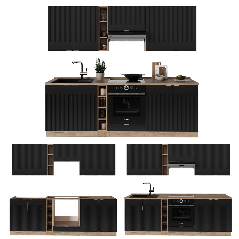 Cucina componibile Fame-Line Nero rigato/Rovere dorato 235 cm senza piano di lavoro Vicco
