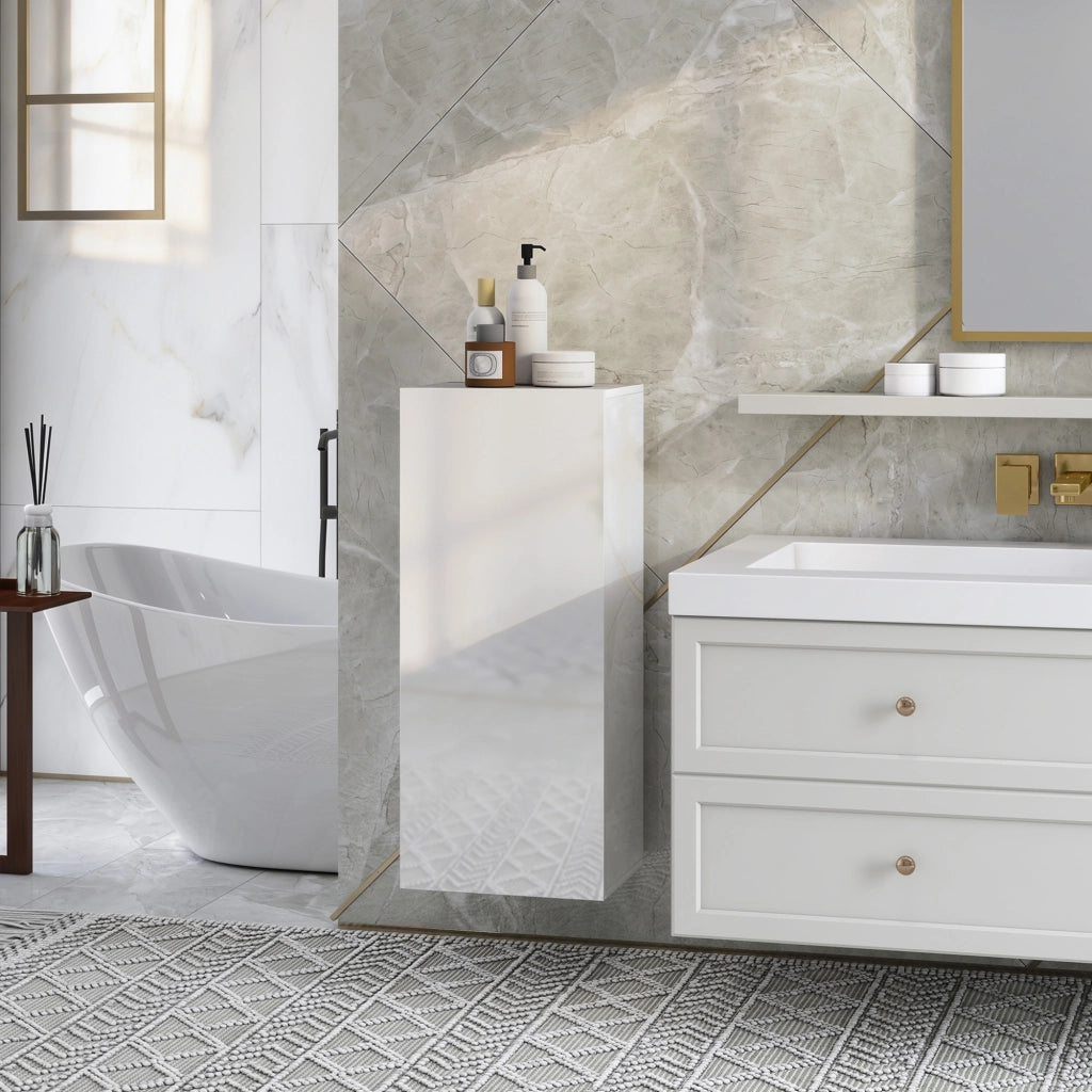 Mobile Bagno Pensile con Anta e 2 Ripiani in Vetro Regolabili ¨C zephmum ¨C Bianco Lucido