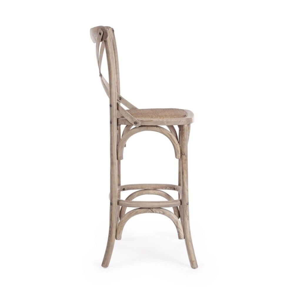 Sgabello da bar in legno di olmo con seduta in rattan naturale - CROSS