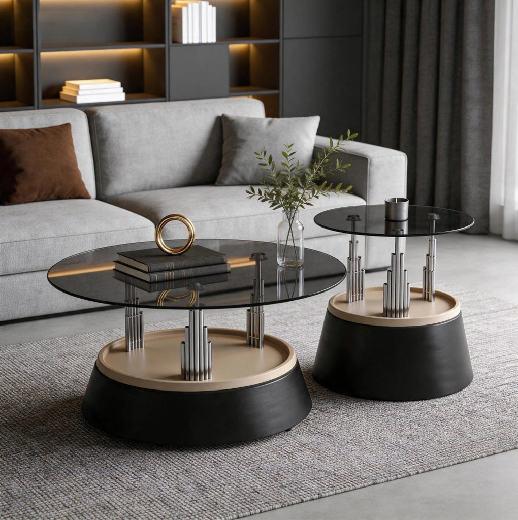 Set di 2 tavolini neri in vetro temperato e metallo; design nesting