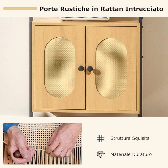 Scaffale Salvaspazio 60 x 30 x 184 cm, Libreria a 3 Livelli con Ripiano Regolabile, Struttura in Metallo, Armadietto in Rattan e Scaffale Aperto, Mobile Bagno per Soggiorno e Ufficio