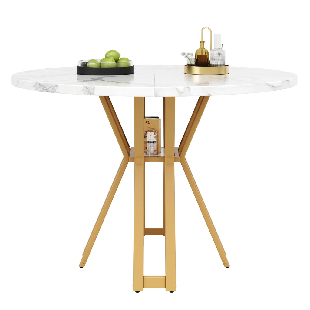 Tavolo da pranzo rotondo 100x100x76 cm in MDF e metallo; bianco e oro