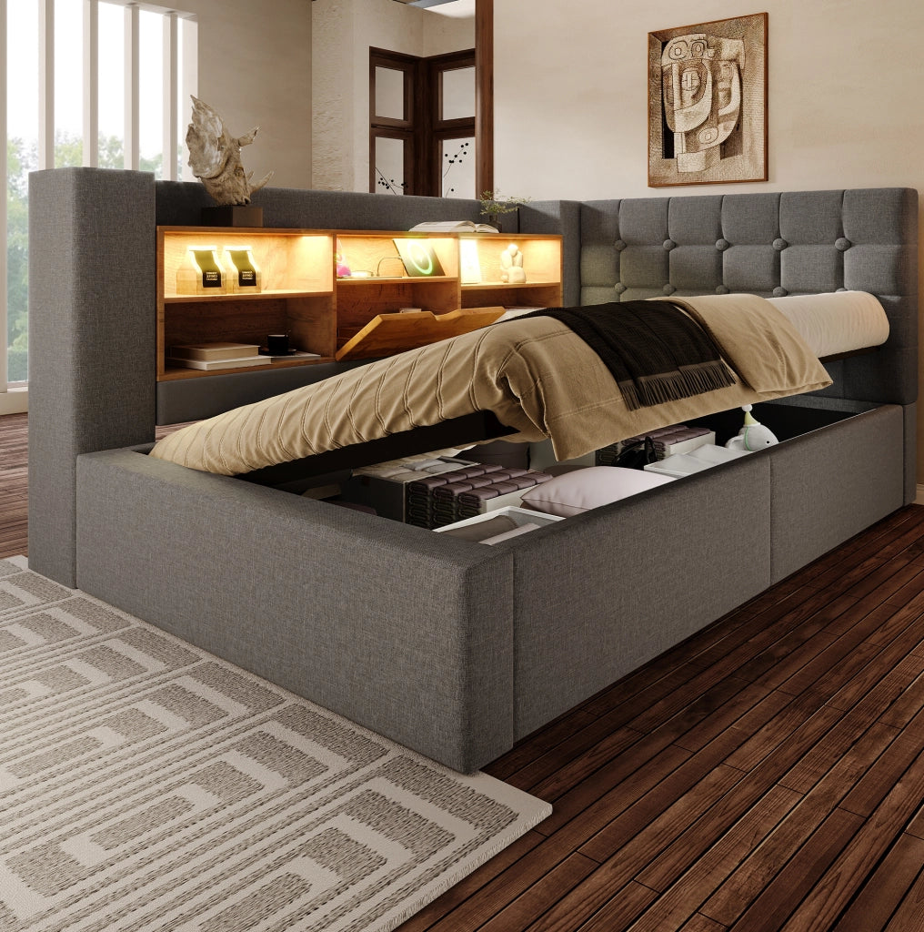 Letto singolo 90x200 cm con LED, contenitore idraulico e materasso incluso