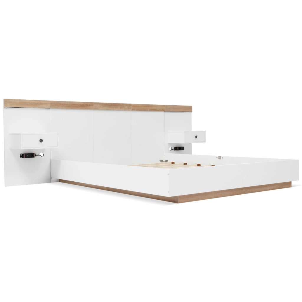 Letto matrimoniale 160x200 cm con 2 comodini LED, presa USB/USB-C, effetto sospeso, colore Sonoma quercia/bianco