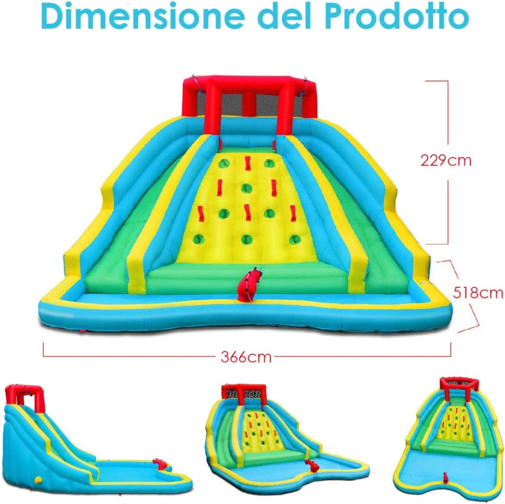 Castello Gonfiabile per Bambini, Parco Acquatico Gonfiabile con 2 Scivoli, Piscina, Parete di Arrampicata, Cannone, Borsa di Trasporto e Kit di Riparazione, 452x365x233 cm (Con Soffiatore)