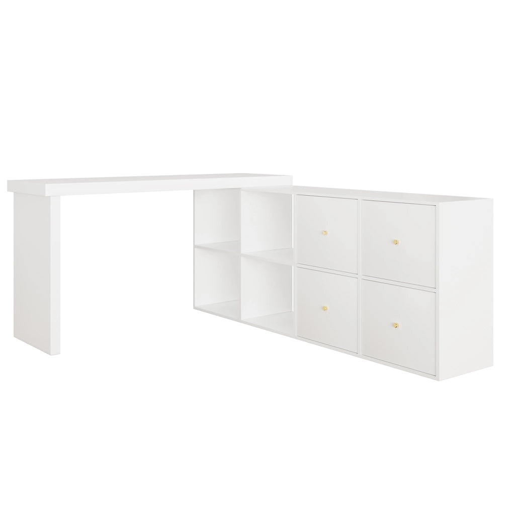 Scrivania angolare girevole 360° in MDF bianco con 4 vani, 4 cassetti, struttura 4 cm, 120×48×78 cm + 140×35×74 cm