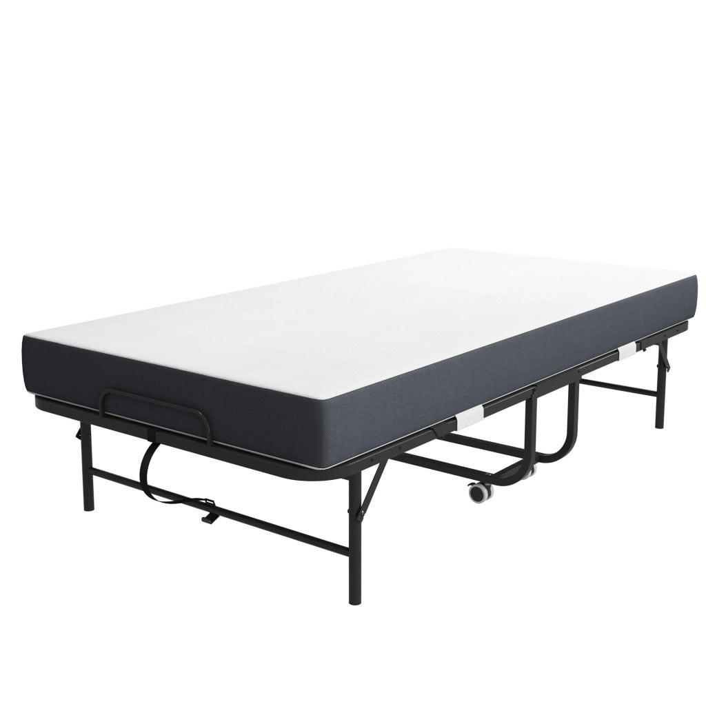 Letto pieghevole su ruote con materasso in memory foam e struttura in metallo; nero