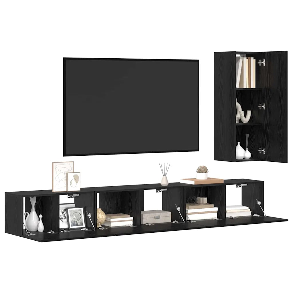 Set mobile TV con cassetto 4 pcs Rovere Nero Legno multistrato