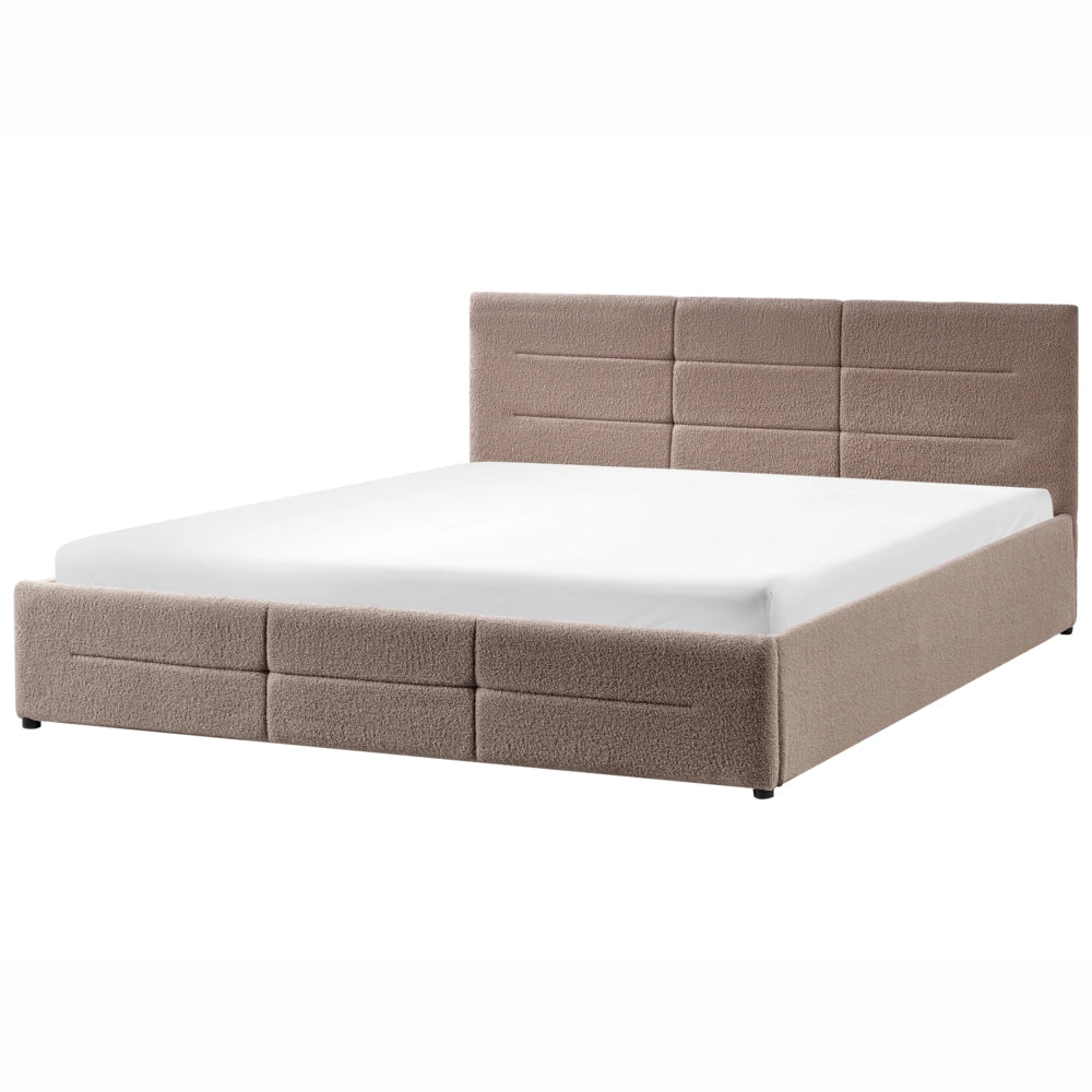 Letto ottomano tortora bouclé 180x200 cm con testiera sollevabile e base a doghe Design moderno