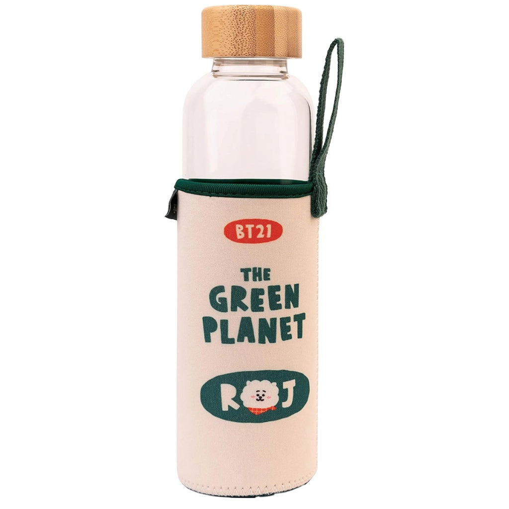 Borraccia in vetro riutilizzabile da 500 ml con motivo RJ e custodia Bianco / Verde Line Friends BT21
