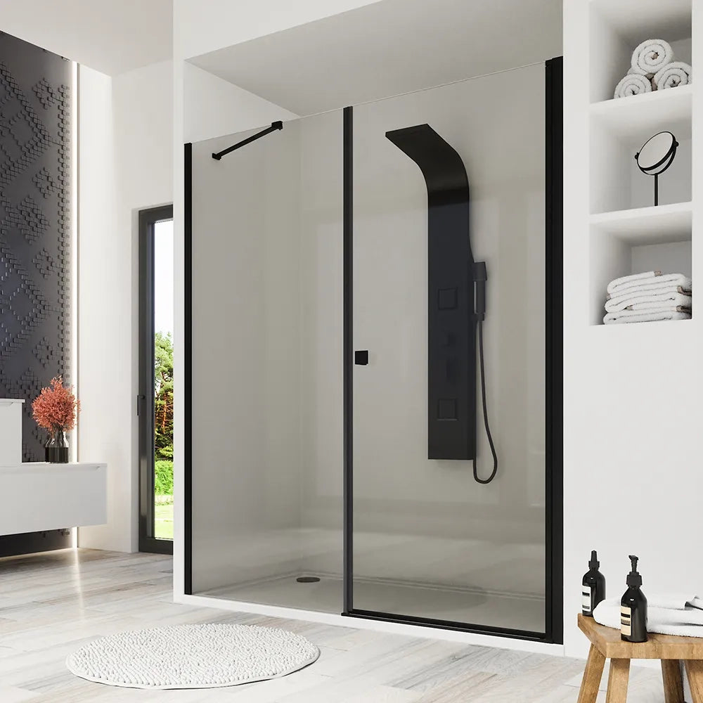Porta doccia 161-165cm profili nero opaco apertura a battente e parete fissa vetro 8mm trasparente h195 | Fiji