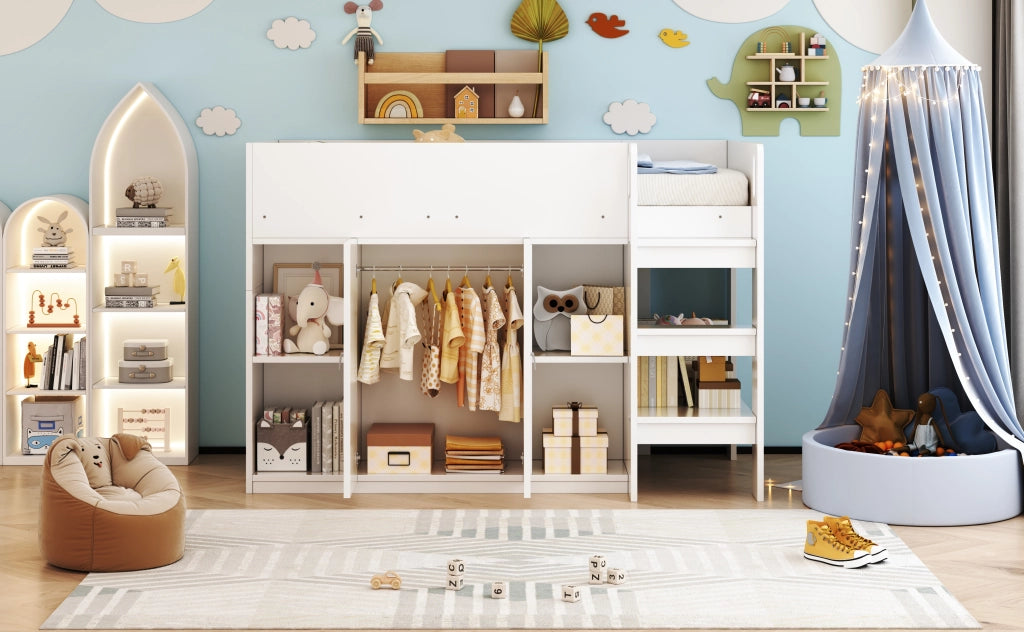 DESMIU Letto a Soppalco 1 Posto con Armadio, Scaffali e Scala 90 × 200 cm, senza materasso, Bianco