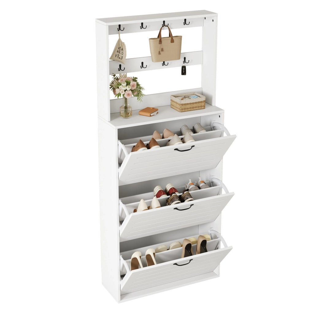 Mobile Scarpiera con 3 Ripiani e 8 Ganci; Porta Borse e Cappelli; Stile Minimalista; in Pannello di Truciolare; Bianco; 70×25×165 cm