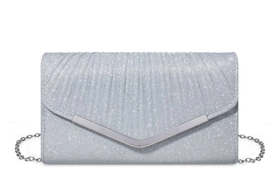 Borsa da cocktail con glitter, chiusura con cerniera e catena rimovibile, eleganti borse per donne per occasioni speciali, argento