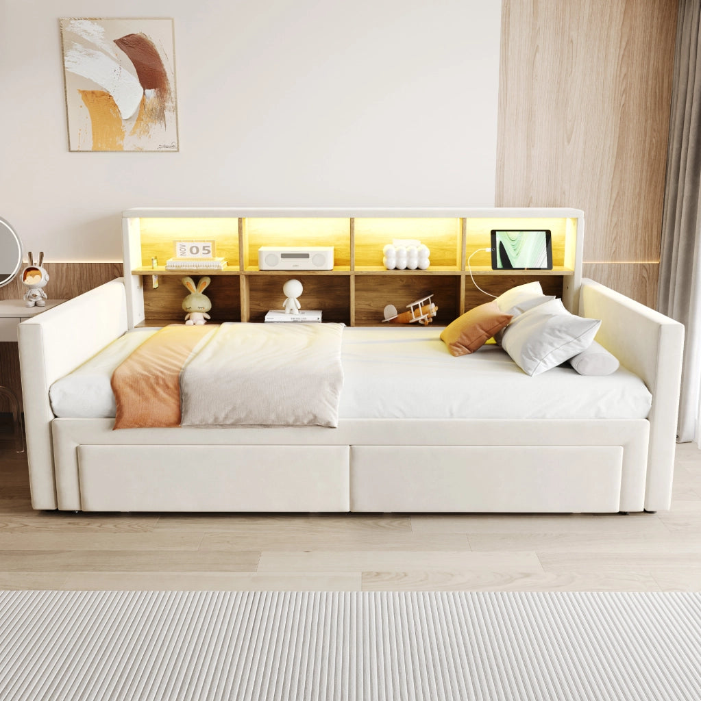 Letto imbottito estraibile 90x190 cm con LED, prese e cassetti in velluto beige