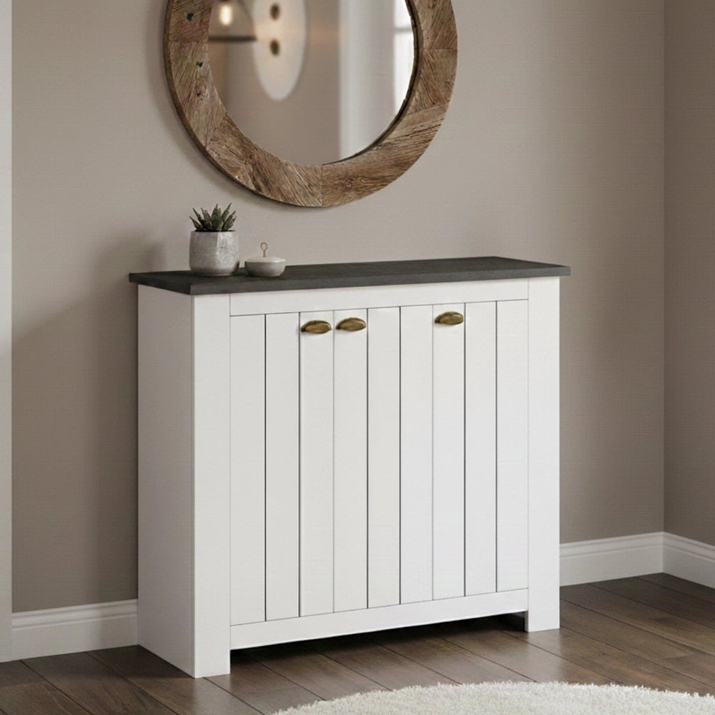 Scarpiera Seprio, Porta scarpe salvaspazio a 3 ante, Armadio multifunzione da ingresso, 114x42h100 cm, Bianco e Ardesia