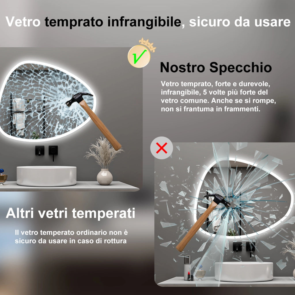 AICA Specchio da bagno  80 x 65 cm, dimmerabile, Funzione Memoria, antiappannamento, 3 colori