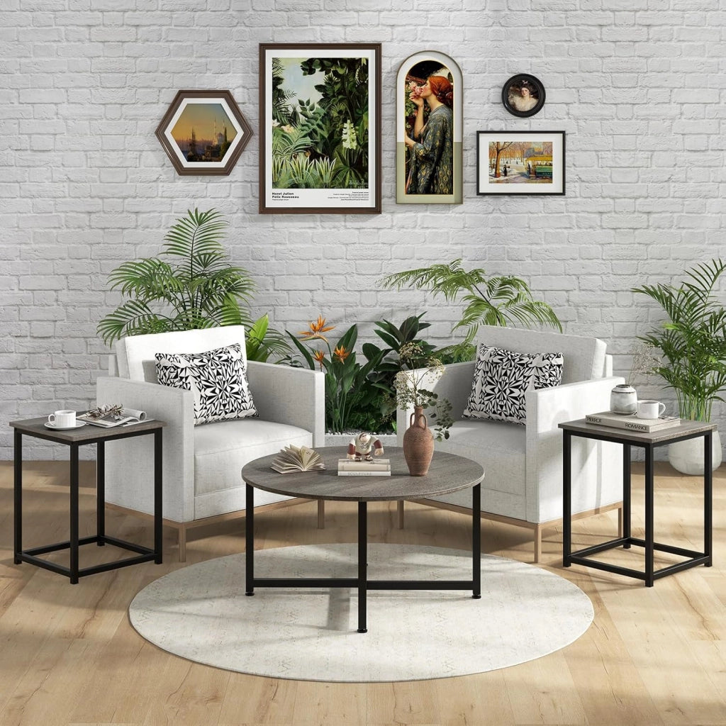 Set di 3 Tavolini da Salotto, Tavolino con Struttura Robusta in Ferro, Set di 3 Tavoli da Divano, 1 Tavolino Rotondo e 2 Tavolini Quadrati, con Piedini Regolabili (Grigio)