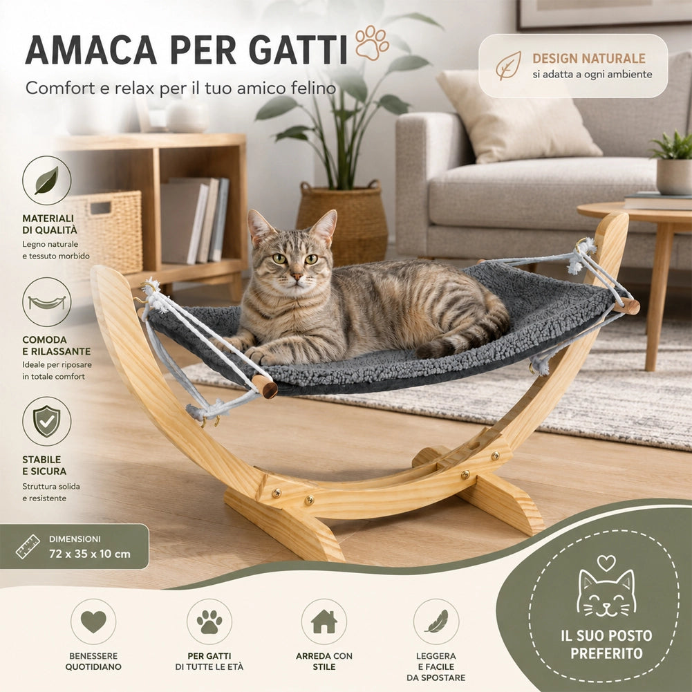 Amaca per Gatti in Legno Ergonomica Cuccia Portata Max 6kg Animali 72x35x10 cm