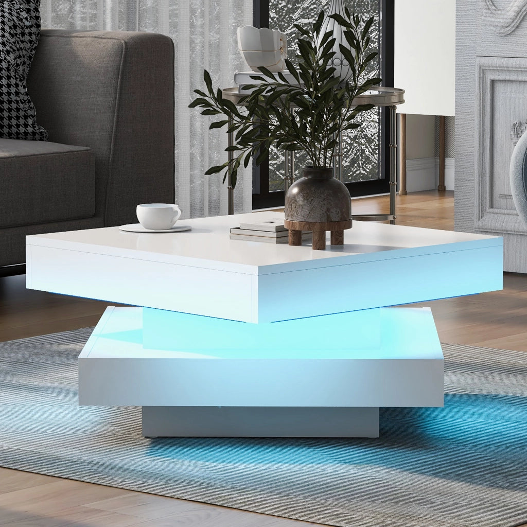 Tavolino da salotto 70x70x36 cm; piano girevole a 360° con luce LED; pannello truciolare bianco