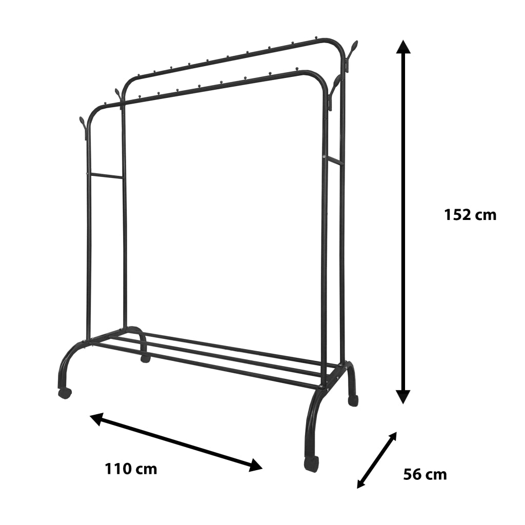 Appendiabiti Donkey Premium Maxi a 1 supporto Nyana Home 152x110x56 cm, 2 barre appendiabiti, 4 ganci laterali, 1 ripiano inferiore Nero.